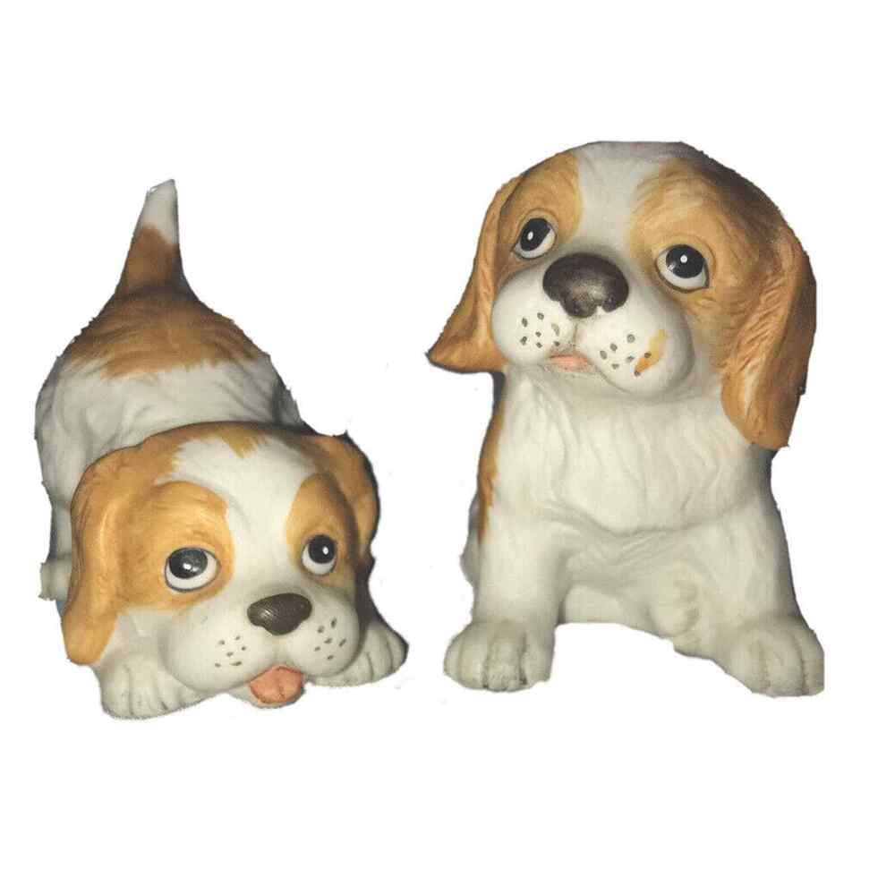 Pair Of Adorable Vintage Homco King Charles Cavalier Puppy Dogs Porcelain #1407